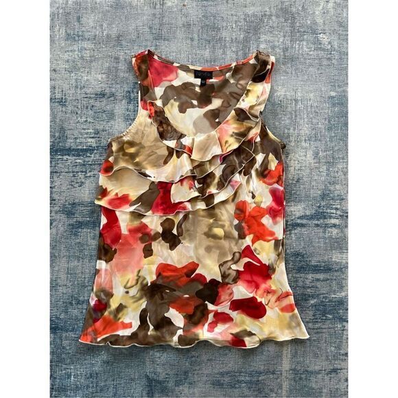 Harve B Red Cream Tan Floral Ruffled Satin Sleeveless Blouse Medium - Picture 1 of 6